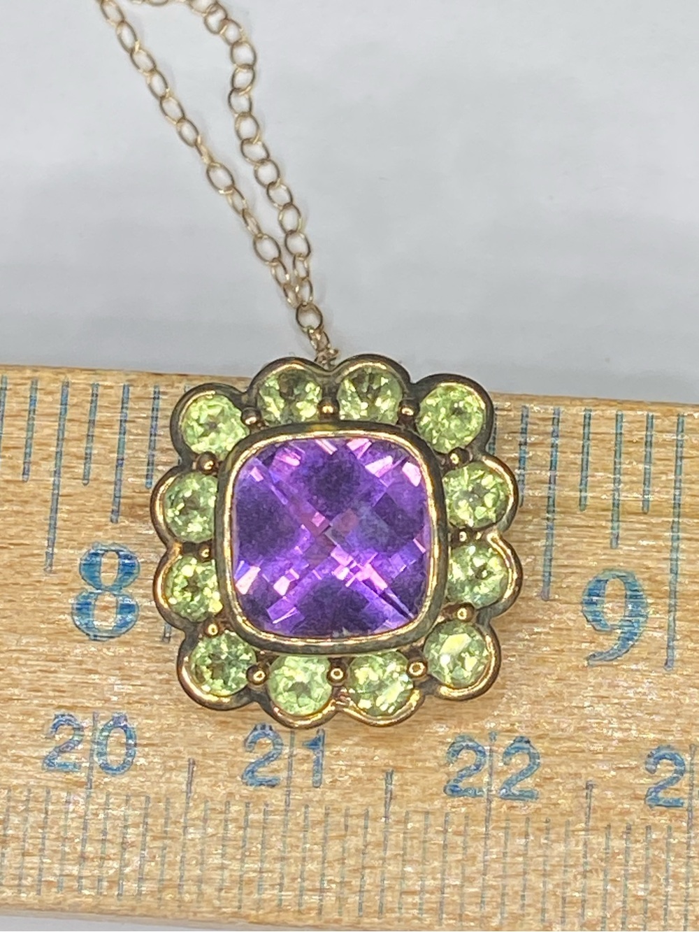 925 Gold Peridot Amethyst Pendant on 16” 585 Yellow Gold Vintage Chain Beautiful - Picture 3 of 12